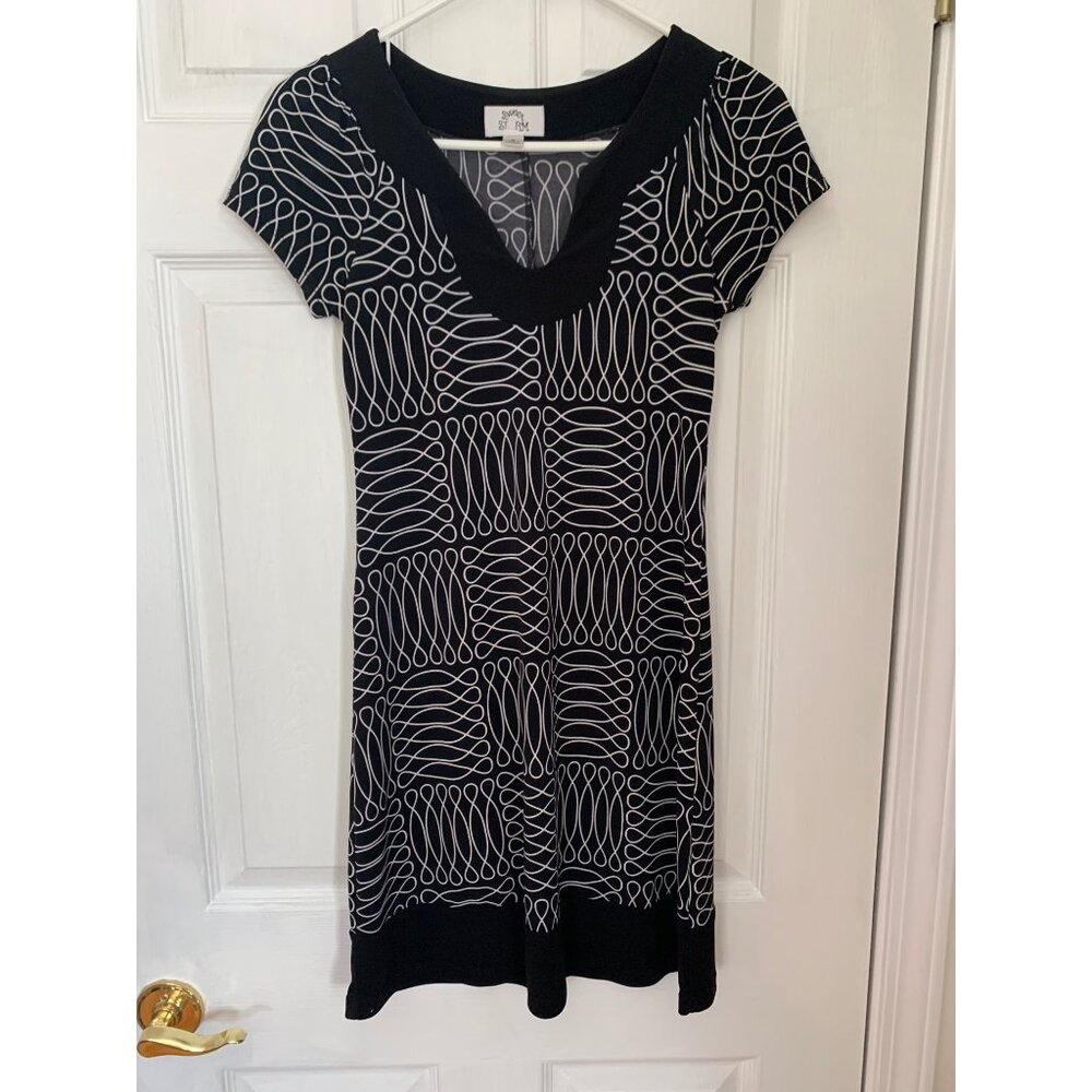 Sweet Storm Sheath Womens Dress Black White Medium Scoop Neck Knee Length Casual